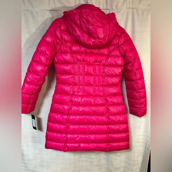 Guess NWT Stunning Show Stopping Hot Barbie Pink Mid-Length Puffer Hooded Coat - Picture 4 of 13
